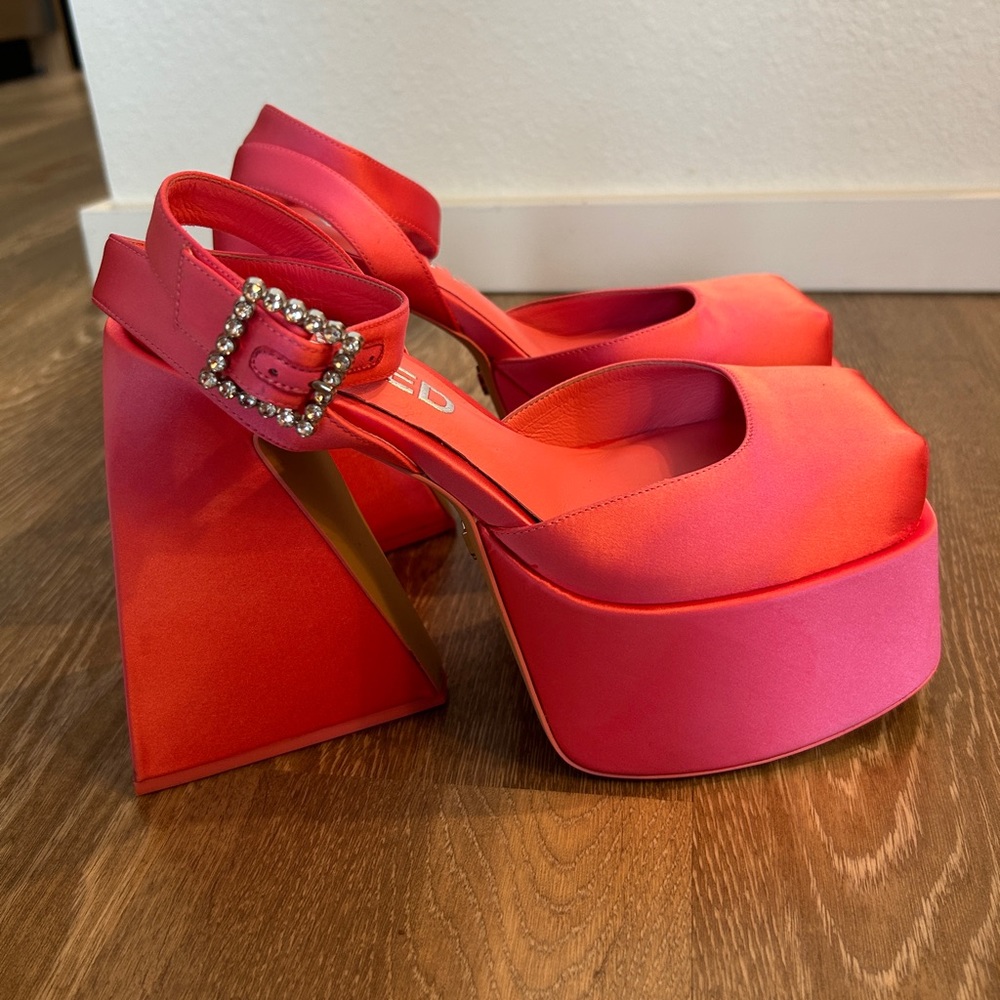 Barbie pink satin naked wolfe chunky platform heels